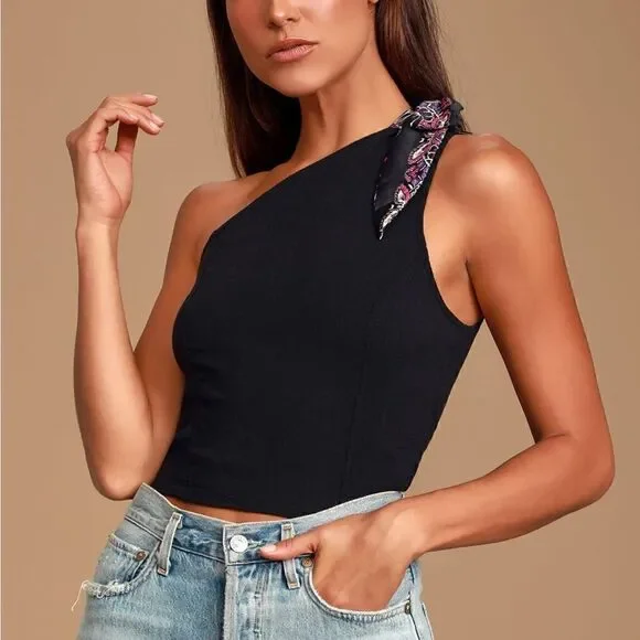 Free People Caroline Black Mock Neck One-Shoulder Top - Picture 3 of 12